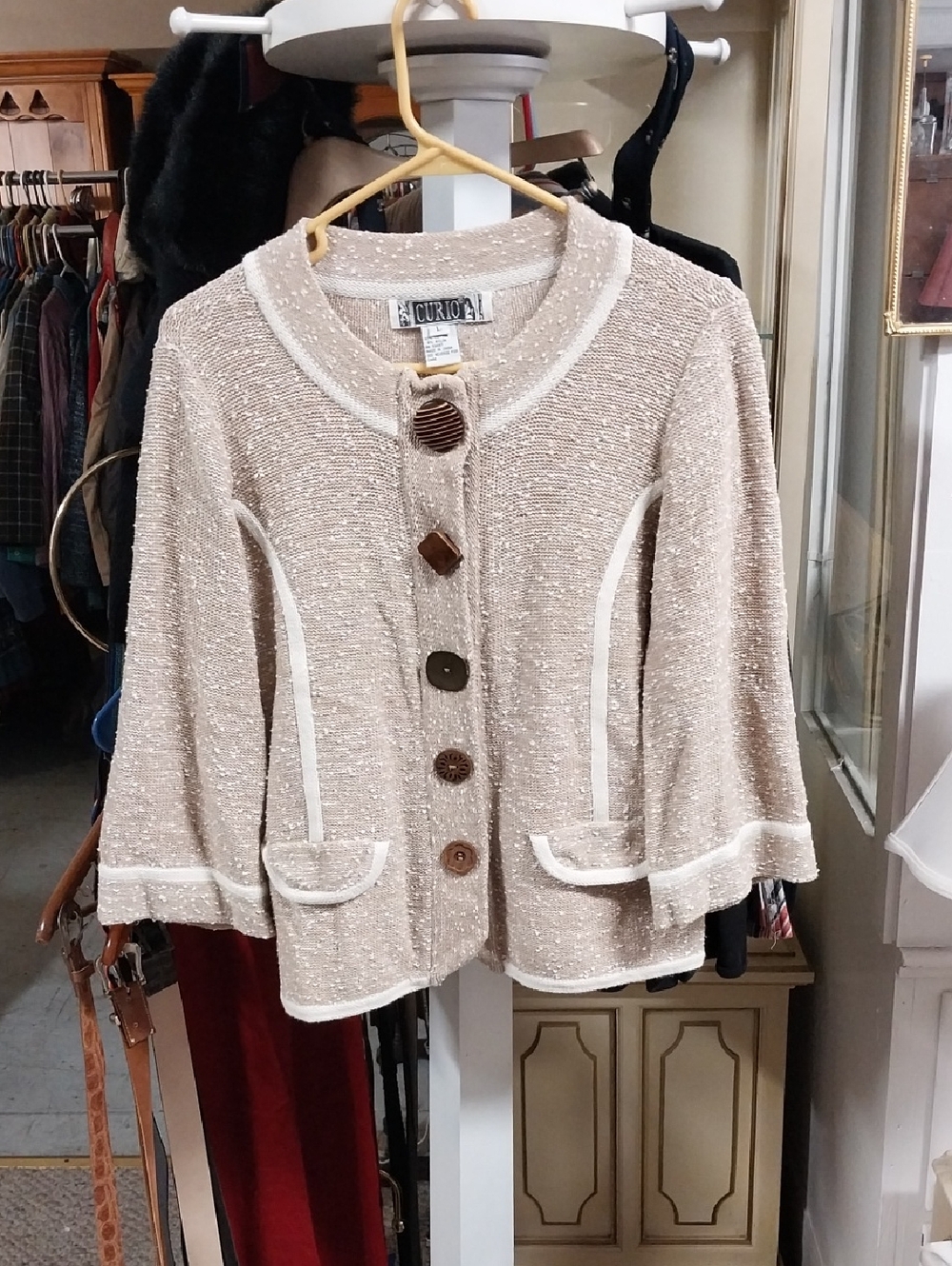 Curio Beige Knit Button-Front Sweater with White Trim NWOT